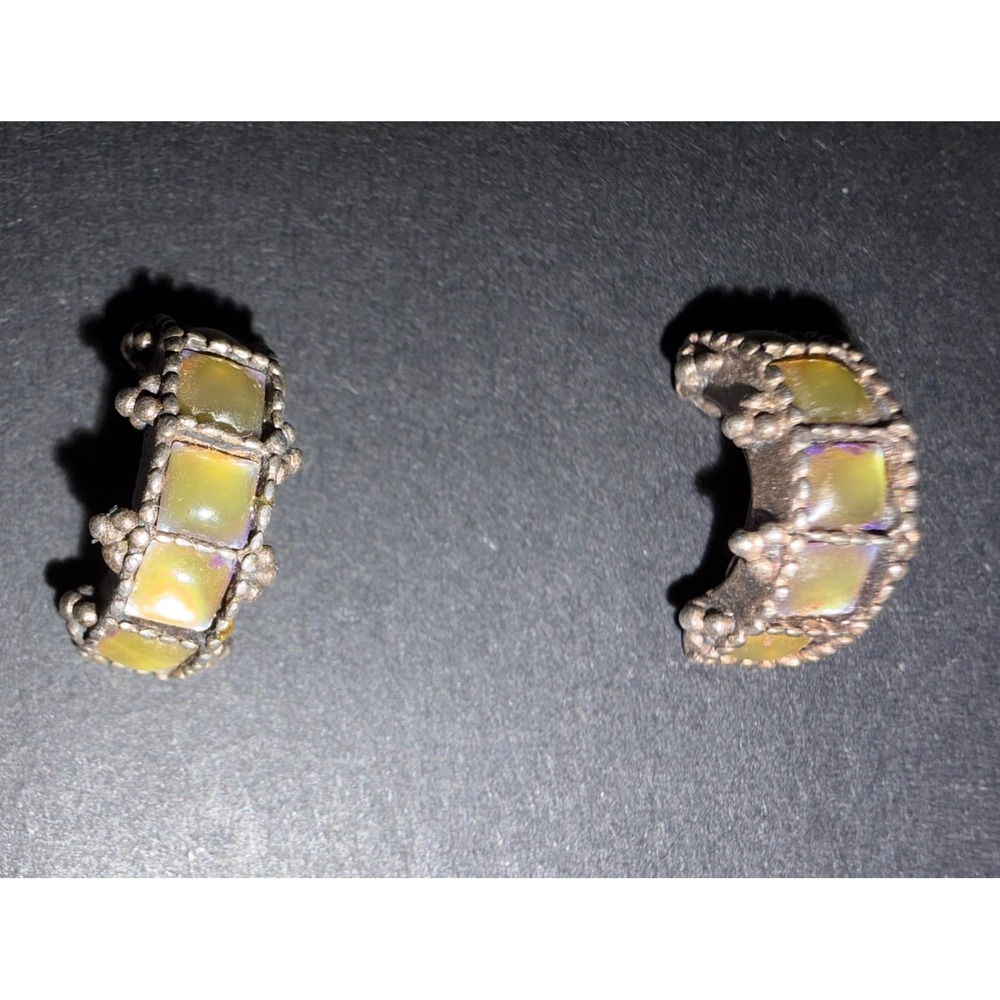 Vintage Style Earring Set Gold Filigree Crystal Studs & Iridescent Huggie Hoops - Picture 6 of 6
